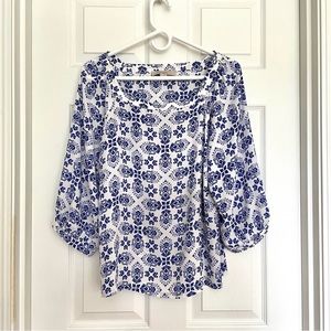 LOFT Boho Long-Sleeve Square-Neck Blouse - Blue/White - Small